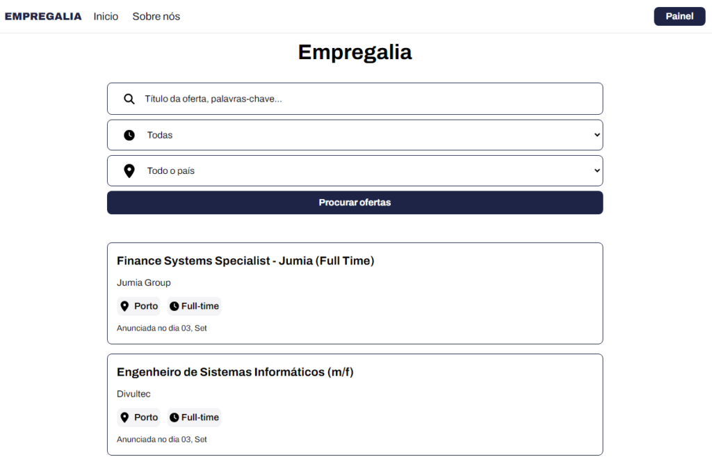 Demonstração do portal de emprego Empregalia