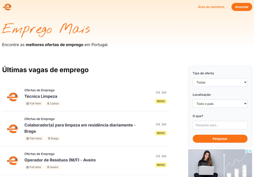 Demonstração do portal de emprego Emprego Mais