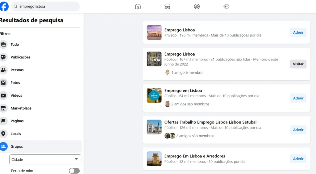 Imagem que demonstra uma pesquisa por emprego no Facebook.